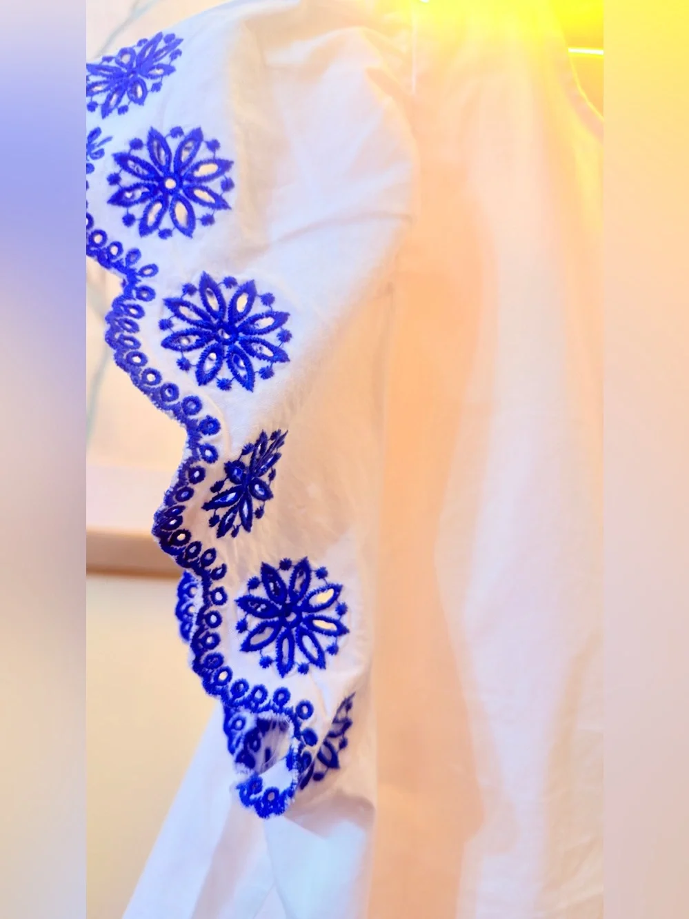 J. Crew White Cotton Blouse with Blue Embroidered Sleeves